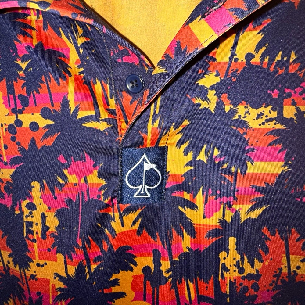 Pins & Aces Golf Polo Mens XXL Palm Tree Sunset Hawaiian Performance Shirt